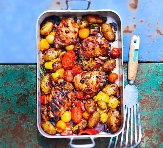 Traybake dinner recipes Amatriciana chicken, red pepper and potato traybake