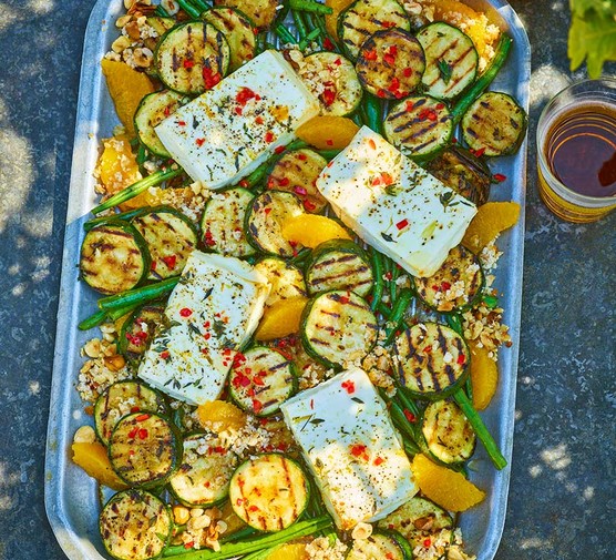 Courgette, green bean & feta salad Courgette, green bean & feta salad in a roasting dish
