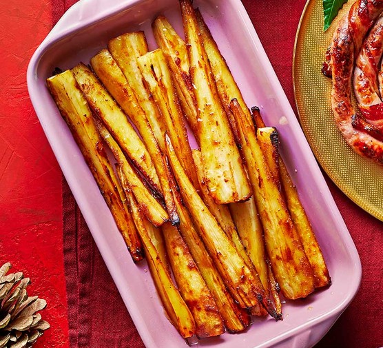 Miso parsnips in a roasting dish