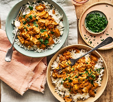 Vegetarian dinner recipes Two bowls of mushroom curry with rice