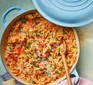One-pot tomato orzo in a pan