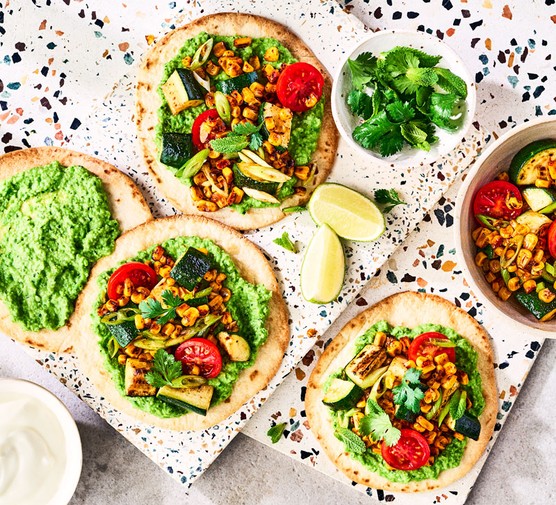Summer family recipes Tostadas topped with summer vegegtables