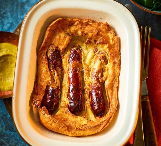 Air-fryer toad-in-the-hole Air-fryer toad-in-the-hole in a baking dish